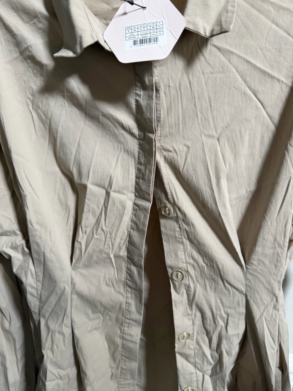 Beige Mini Shirt Dress - Elegant V-Neck Long Sleeve - Picture 4 of 4